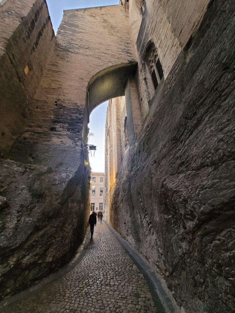 Rue Peyrollerie passing beneath the Palais des Papes, Avignon, France