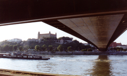 Bratislava Castle from under the Bridge of the Slovakian Nationalist Uprising (plus River Danube), Slovakia