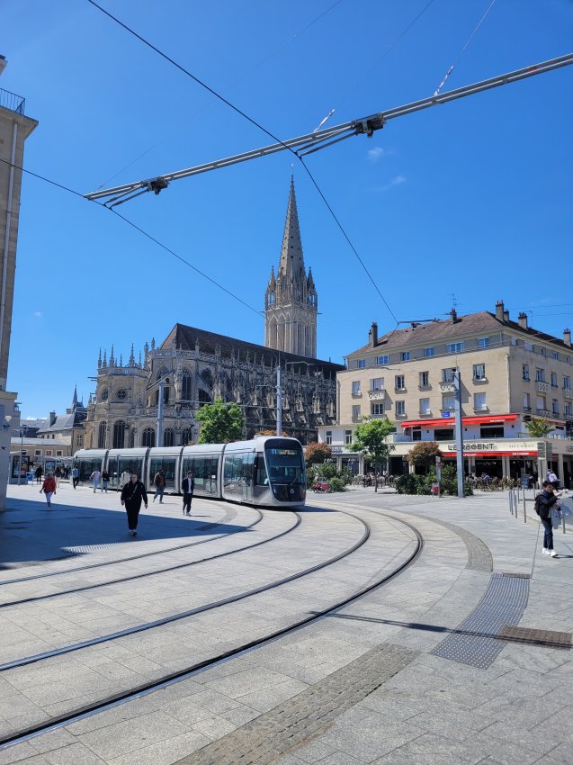 Tram and St. Peter's Church, Caen, Normandy, France