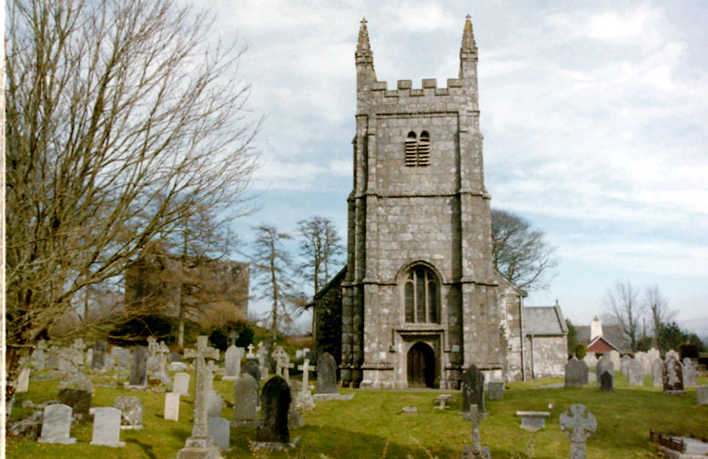 Lydford Church with the Castle behind it, Devon