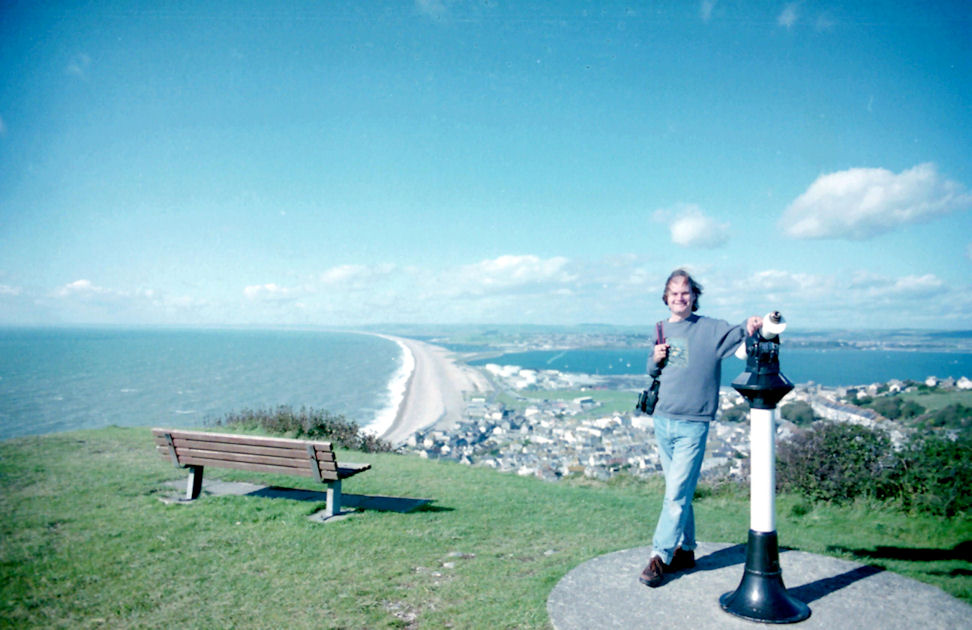 Andrew overlooking Chesil Beach, Dorset