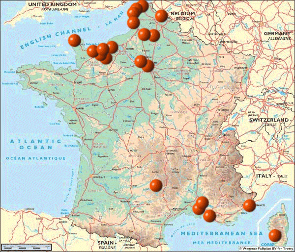 Detailed map of places visited in France
