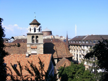 Rooftops plus the Jet d'Eau, Geneva, Switzerland