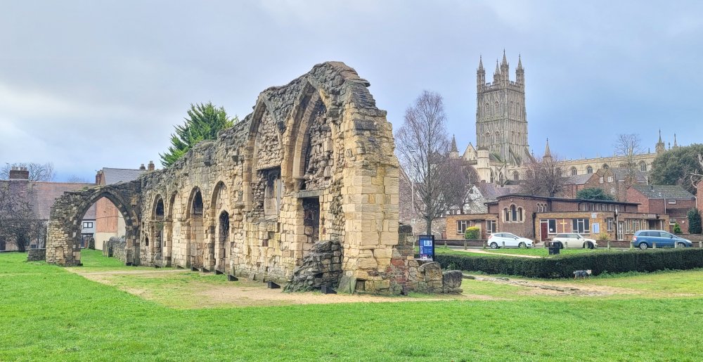 St. Oswald's Priory (with Cathedral behind), Gloucester, Gloucestershire