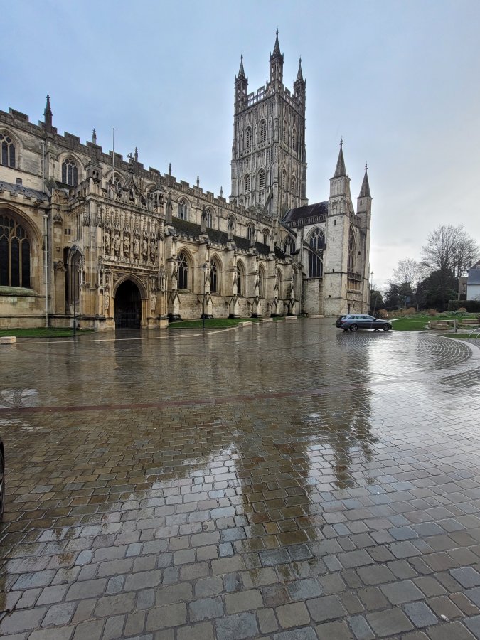 Reflecting in the Rain, Gloucester Cathedral, Gloucestershire
