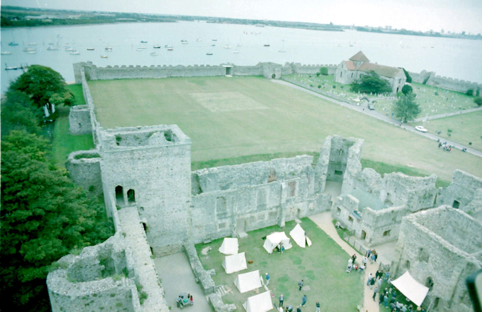 View of Portchester Castle Roman Fort, Saxon Church and Norman Castle in Hampshire