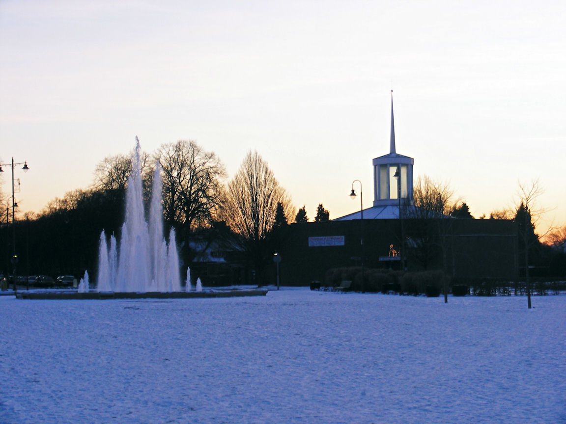 Letchworth Garden City - Fountain and Church in the snow