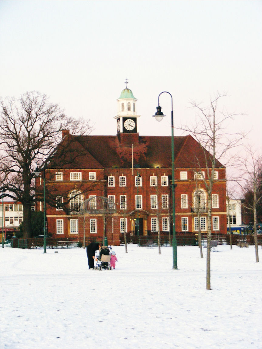 Letchworth Garden City Old Town Hall in the snow, Hertfordshire