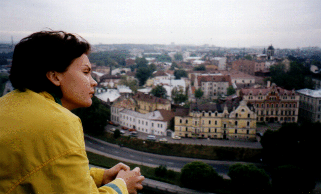 Karoliina at the top of Vyborg Castle looking over the Town, Russia