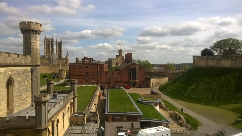 Lincoln Castle: The Court House, Magna Carta Vault, Victorian Jail, Observatory Tower and Lucy Tower (with Cathedral behind), Lincolonshire