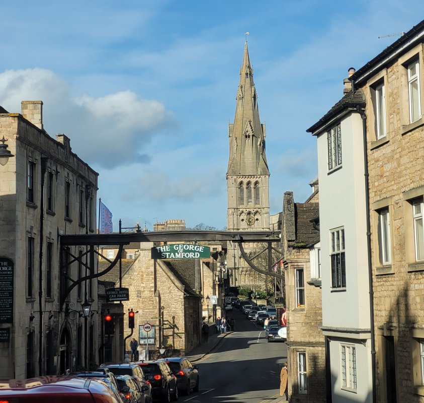The Famous George of Stamford Sign plus St. Mary's Church, Stamford, Lincolnshire