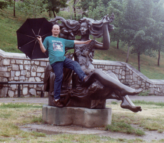 Andrew acting daft with the Witch Statue near Bratislava Castle, Slovakia