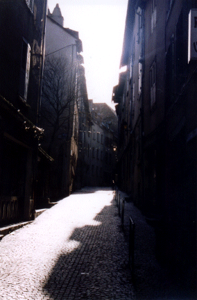 Narrow winding street in Old Rodez, Aveyron, France