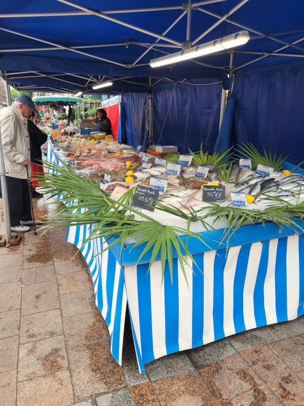 Fish stall at the March� St Marc, Rouen, Normandy, France
