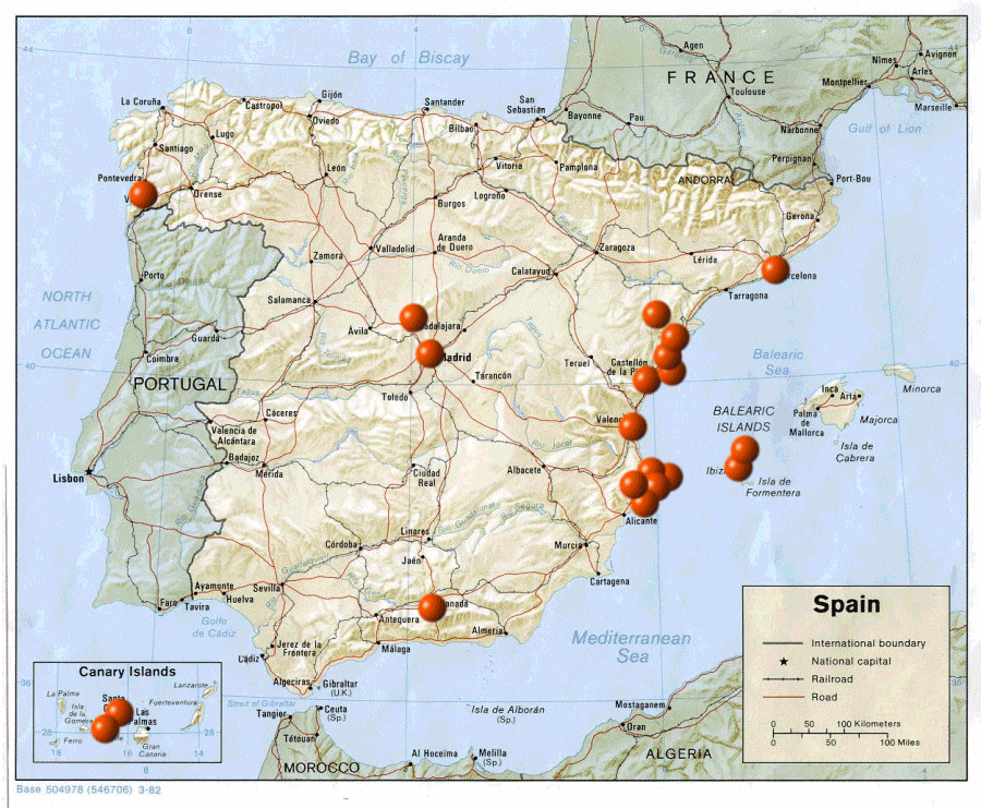 Detailed map of places visited in Spain