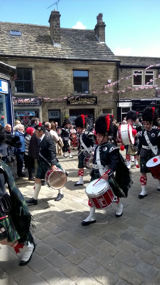 Pipe Band at Haworth 1940s Weekend, Haworth, West Riding of Yorkshire
