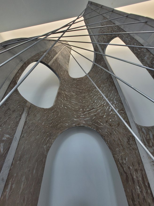 Looking up at Winged Figure by Barbara Hepworth at the Gallery that bears her name, Wakefield, West Riding of Yorkshire